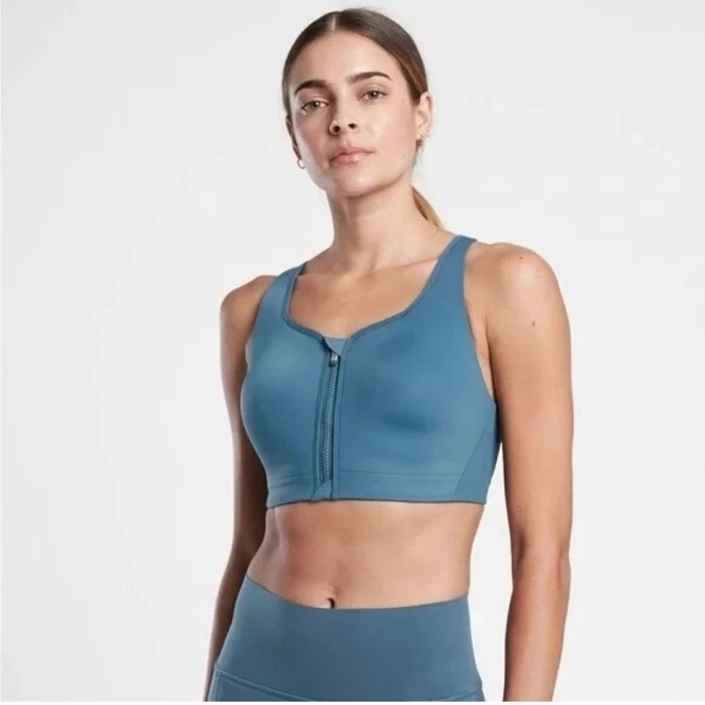 Athleta Advance Zip Front Sports Bra Sequoia Blue Criss Cross Back Padded Active